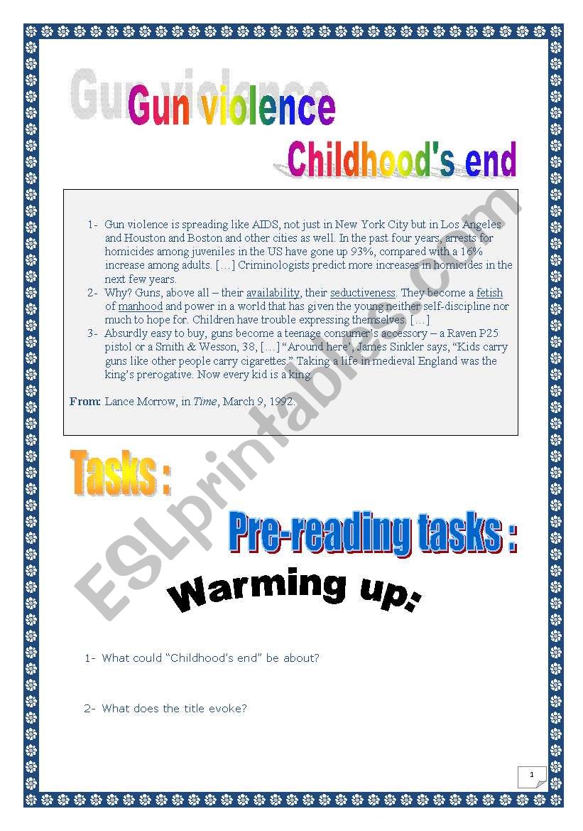 GUN VIOLENCE - CHILDHOODÂ´S END - USA (COMPREHENSIVE PROJECT - 9 pages - 22 tasks + ANSWER KEY).