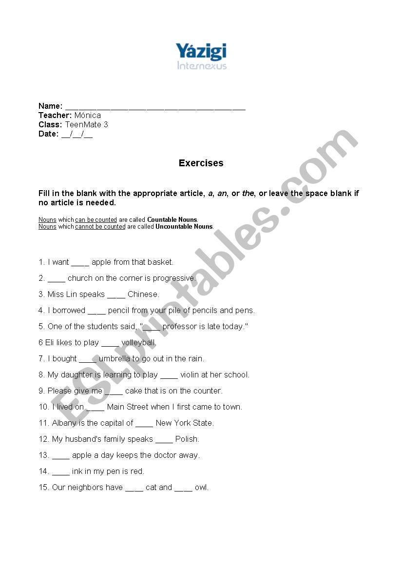 A/AN articles worksheet