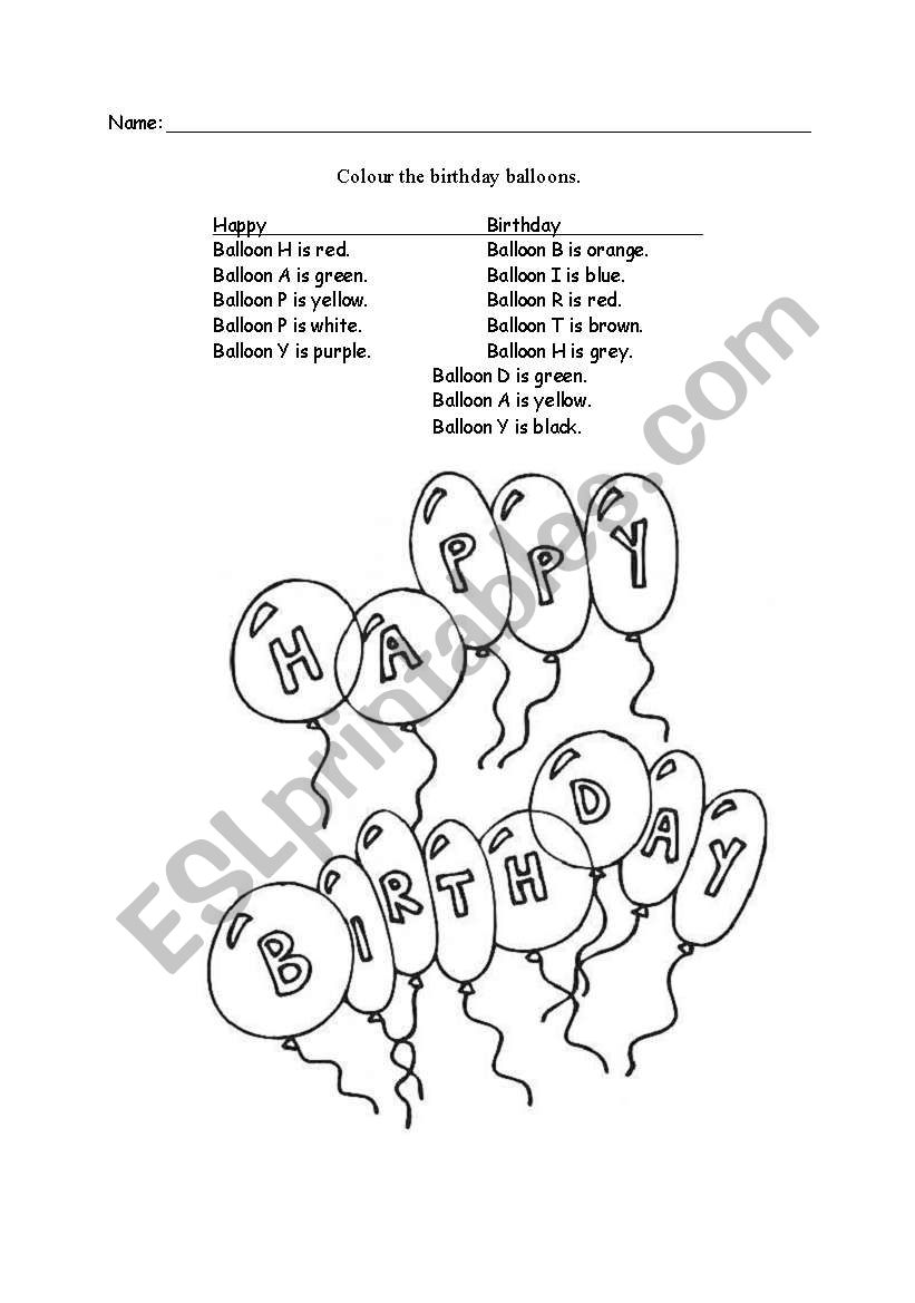 Colour the Birthday Balloons worksheet