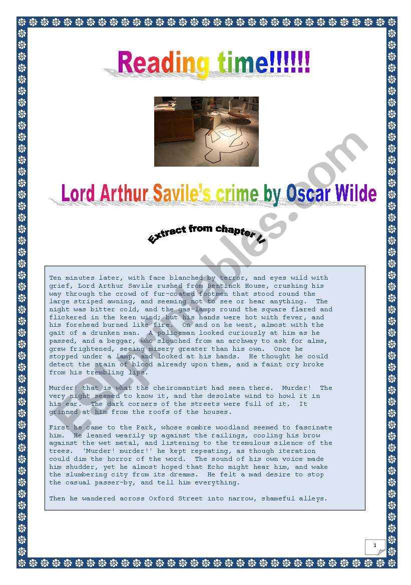 Reading time!!! OSCAR WILDEs Lors Arthur Saviles CRIME  (Excerpt from Chapter II) - reading & vocabulary activities. DETECTIVE SEMANTIC FIELD (3 pages - COMPLETE KEY included) 