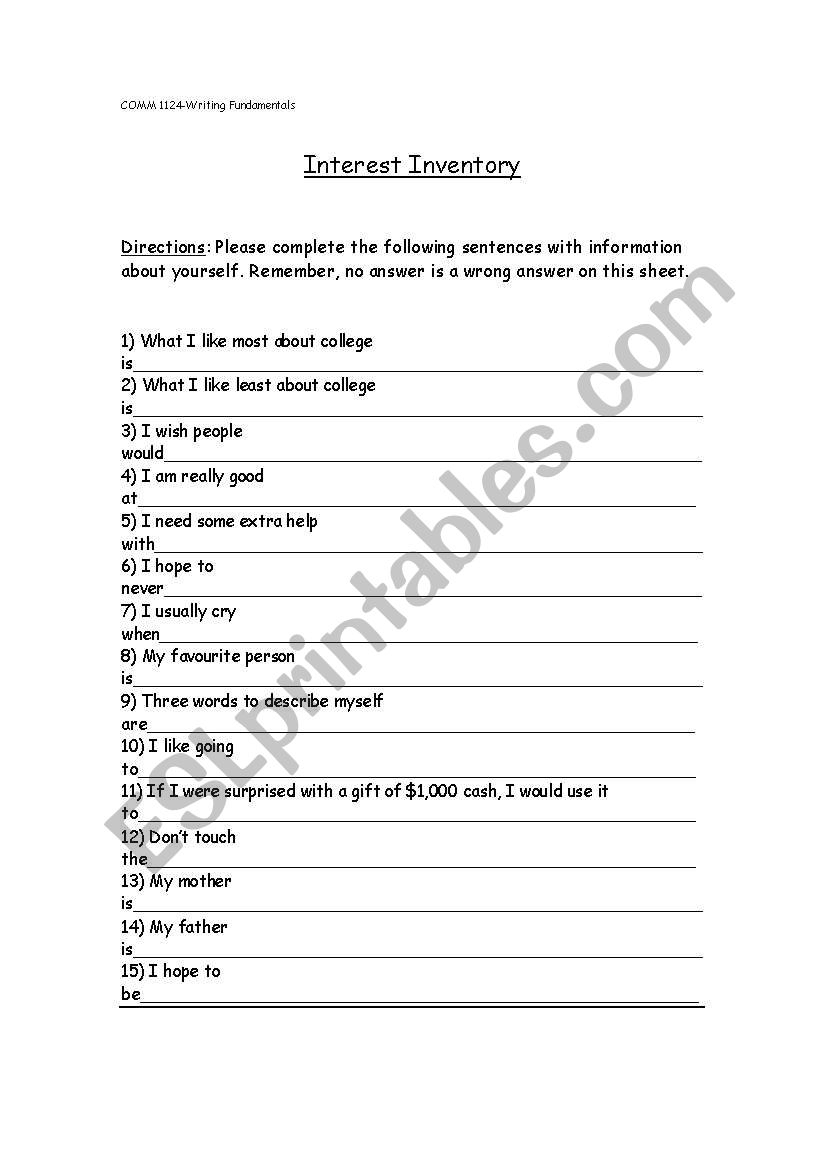 Student Interest Inventory worksheet