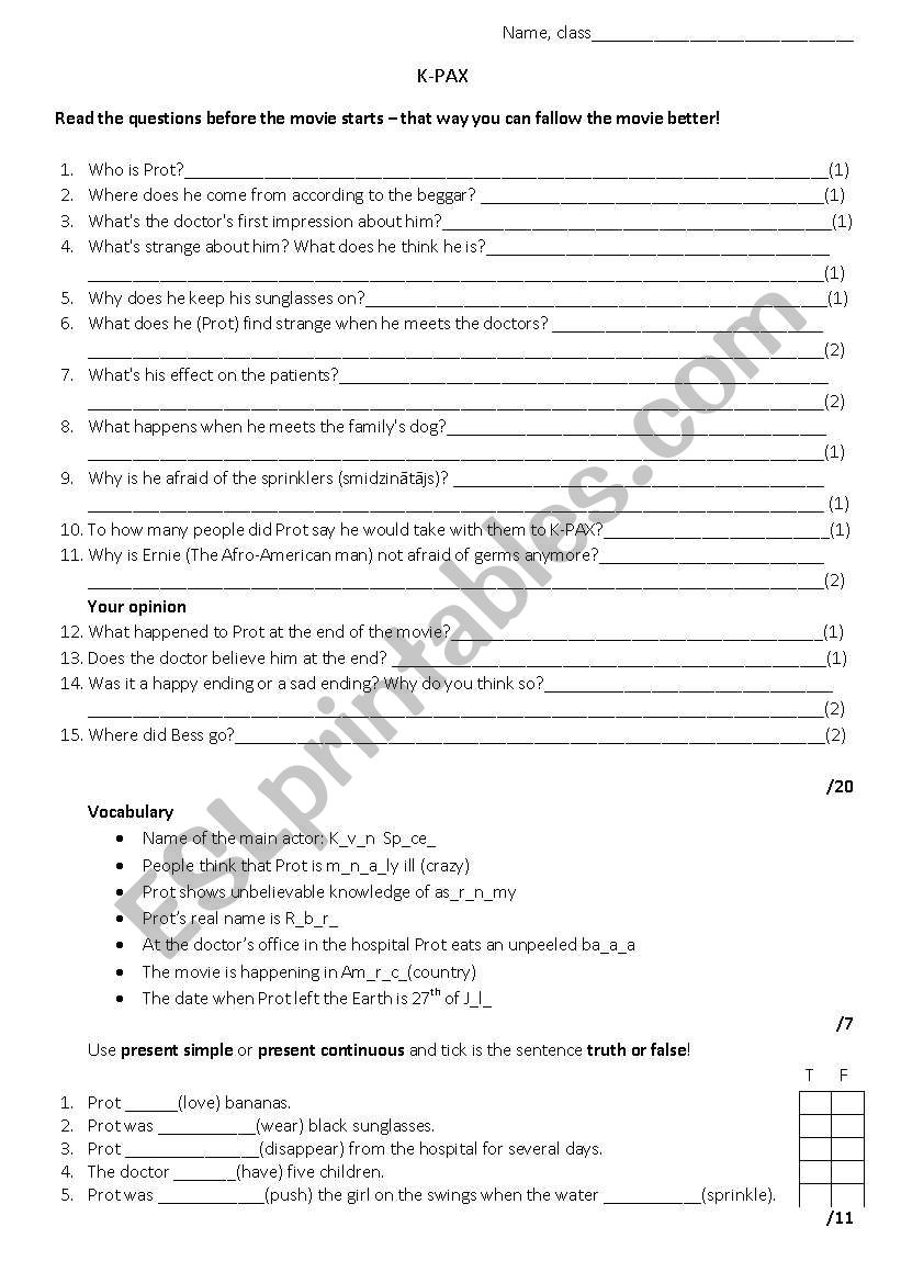 K-Pax movie woerksheet worksheet