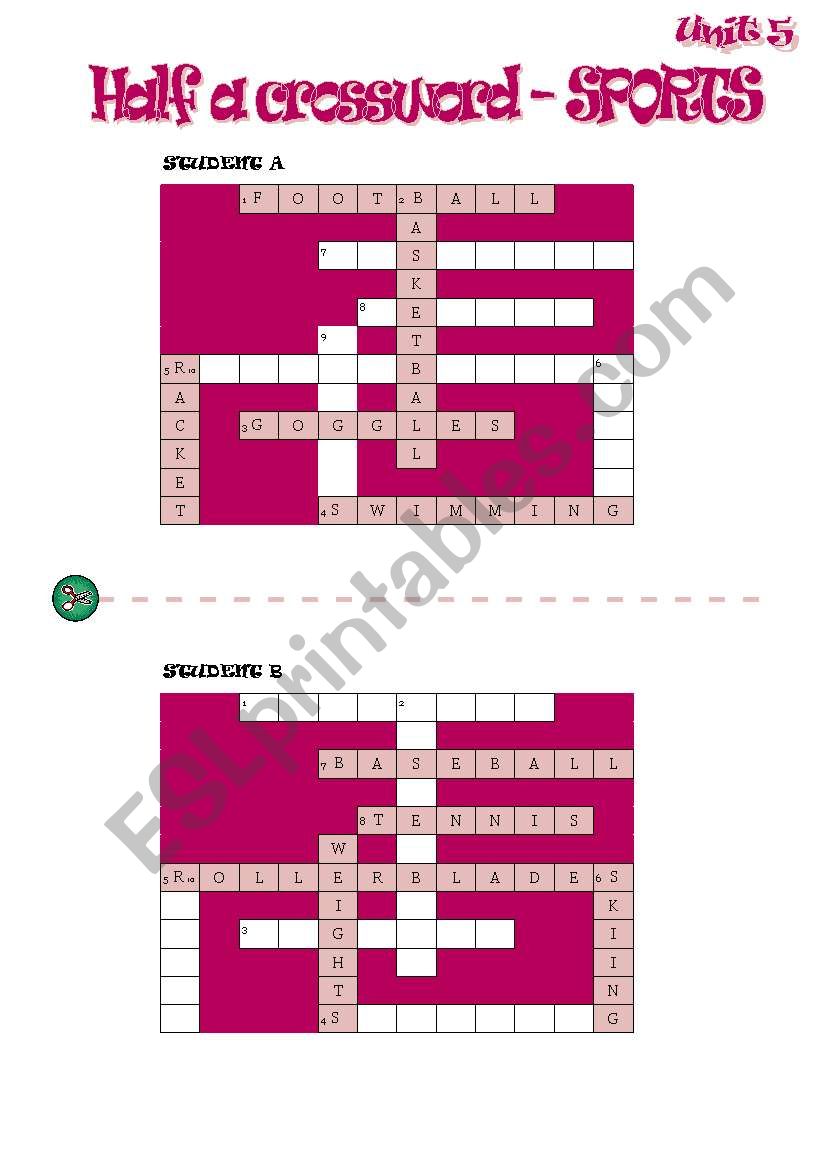 half a crossword - sports worksheet