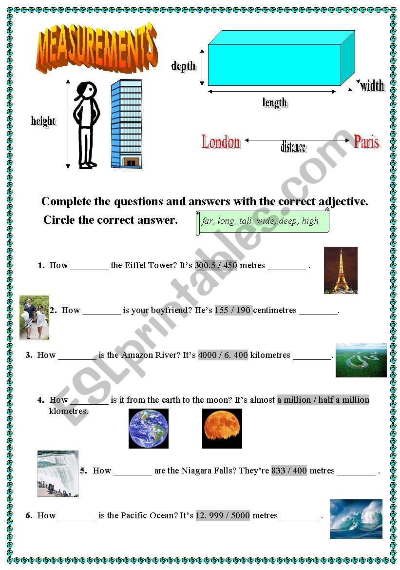 Measurements worksheet