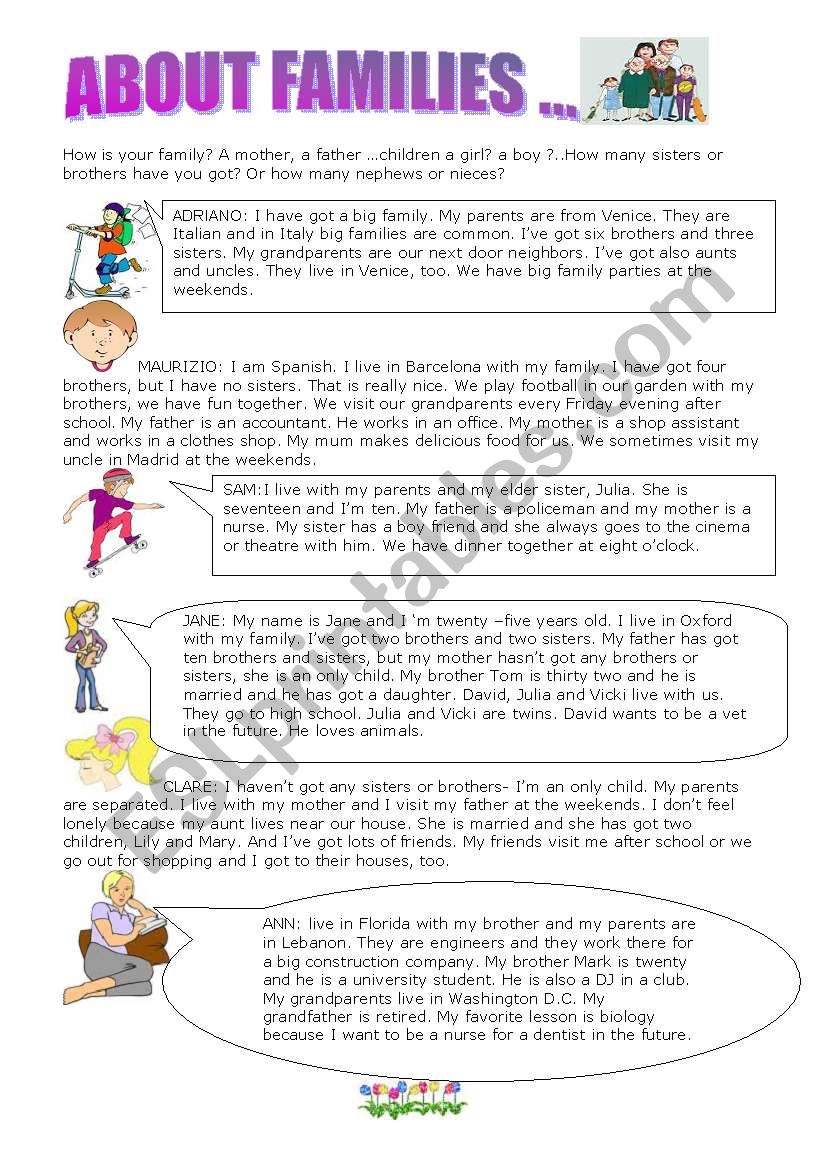 ABOUT FAMILIES  worksheet