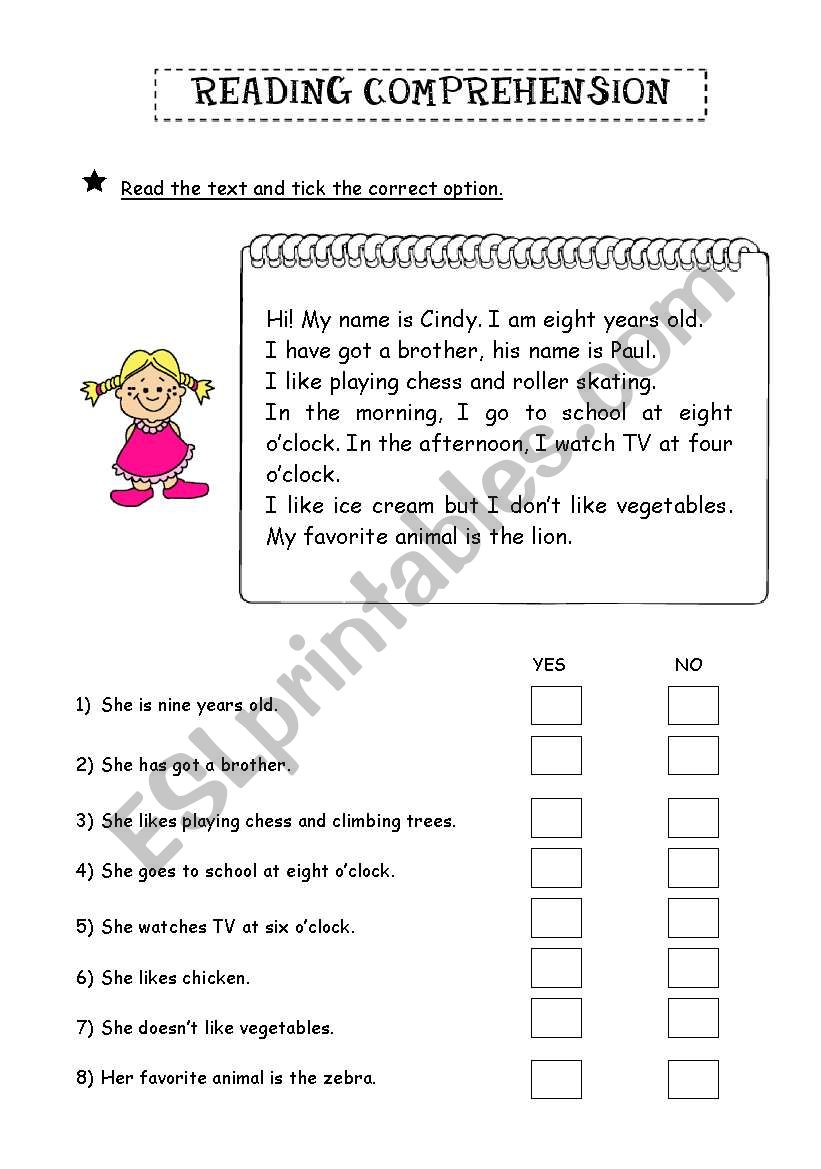 Reading comprehension: tick YES or NO - ESL worksheet by biankisth