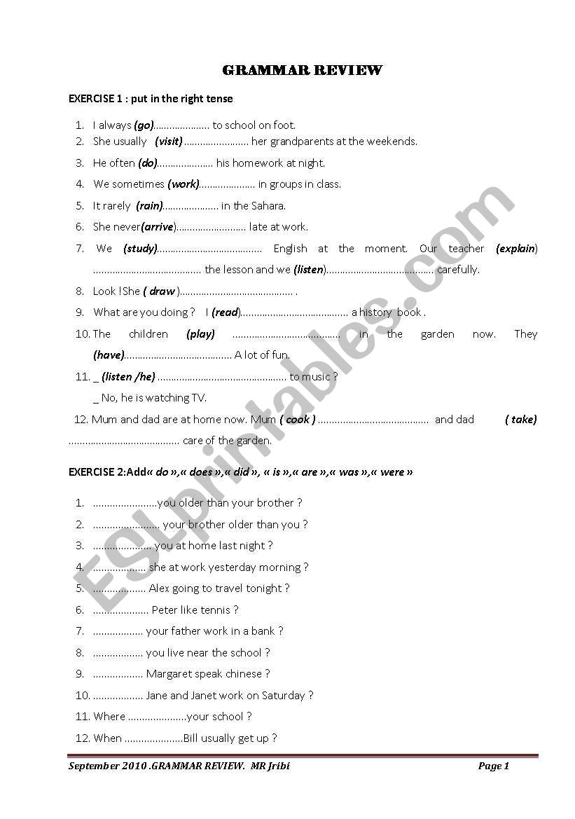 grammar review worksheet