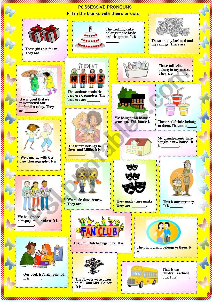 Possessive Pronouns - Theirs or Ours (with B/W and answer key)**fully editable