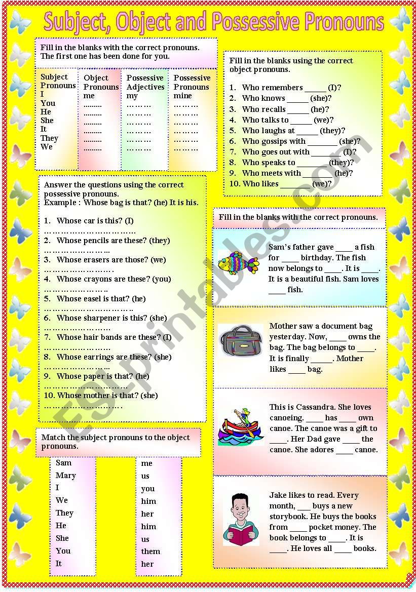 Subject, Object and Possessive Pronouns (with B/W and answer key) **fully editable
