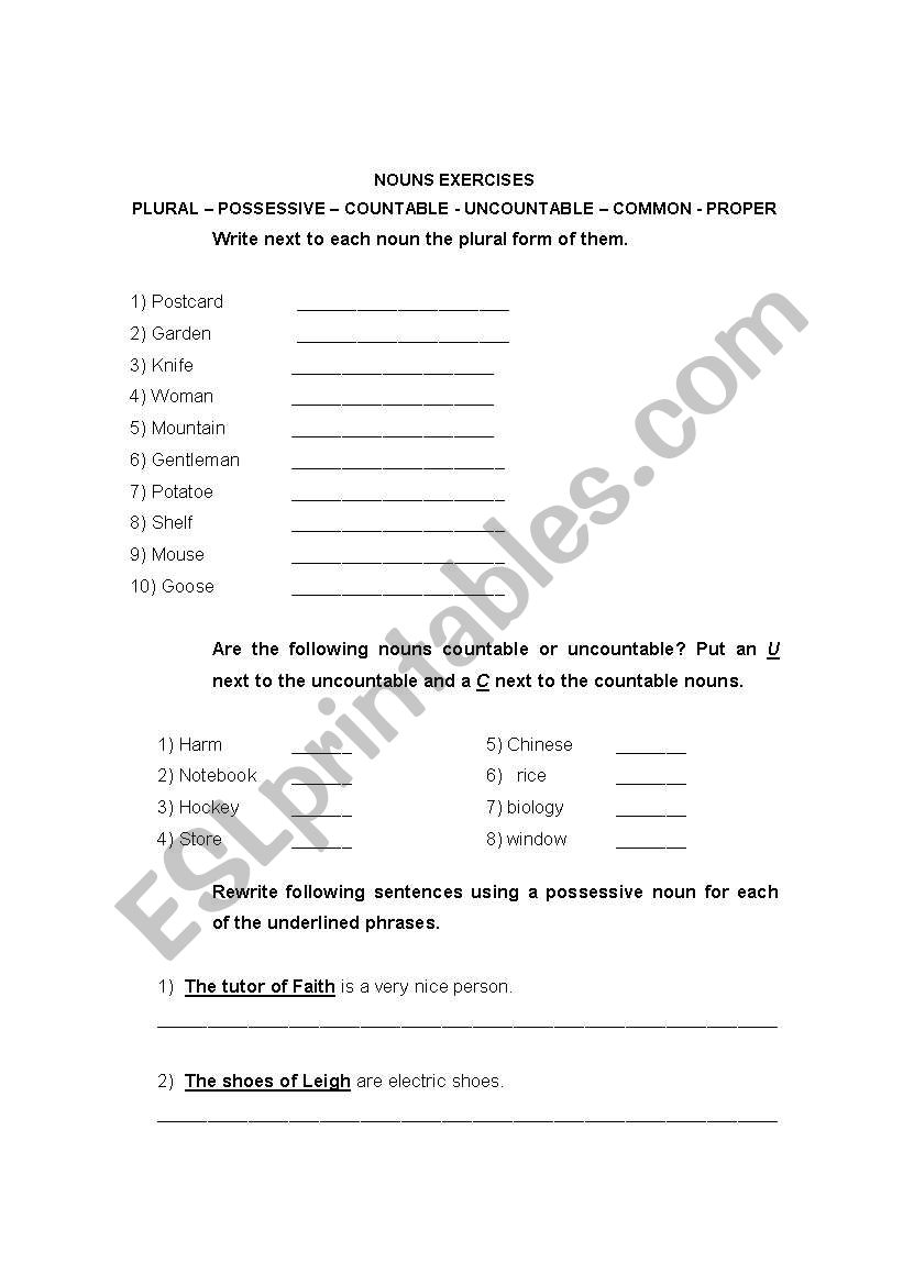 Nouns Exercises worksheet