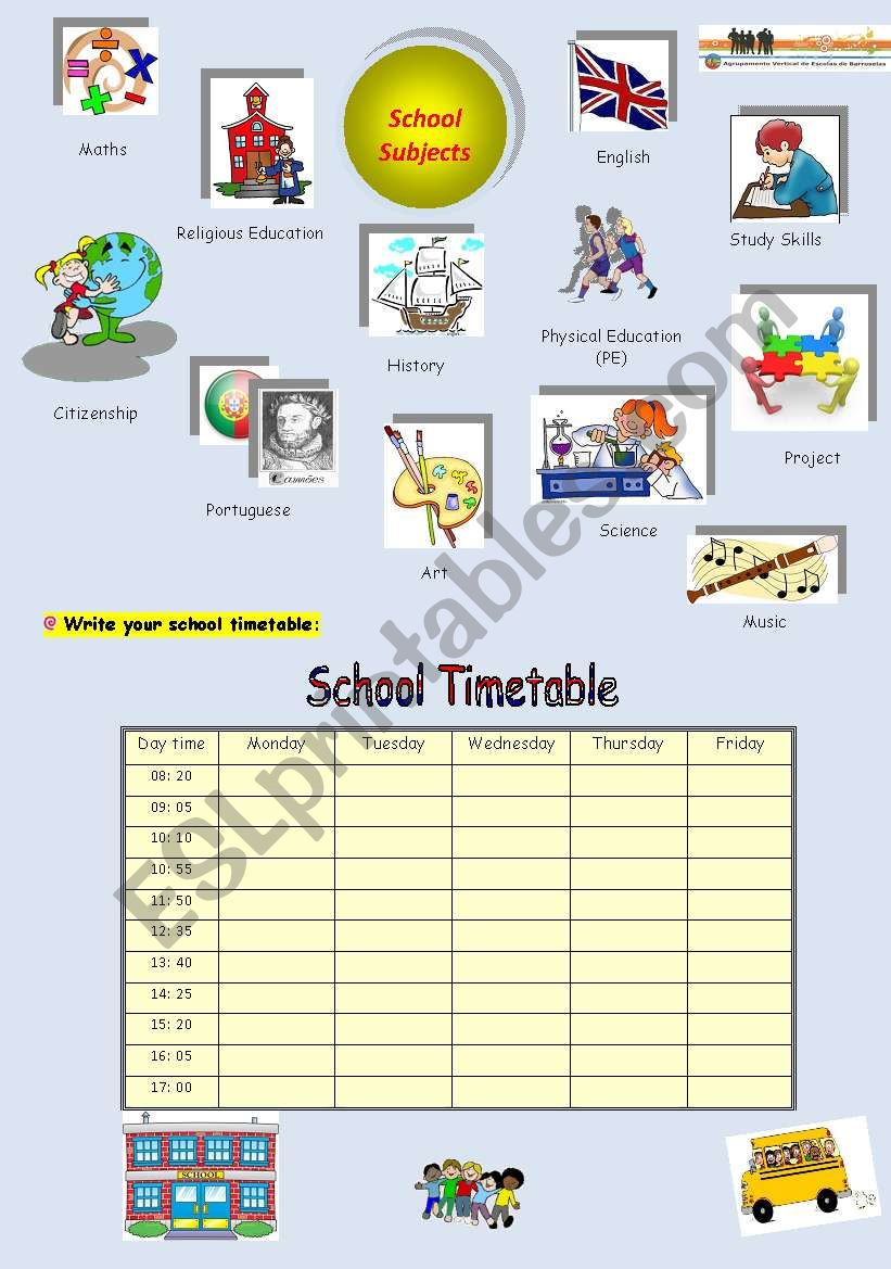 School subjects and timetable worksheet
