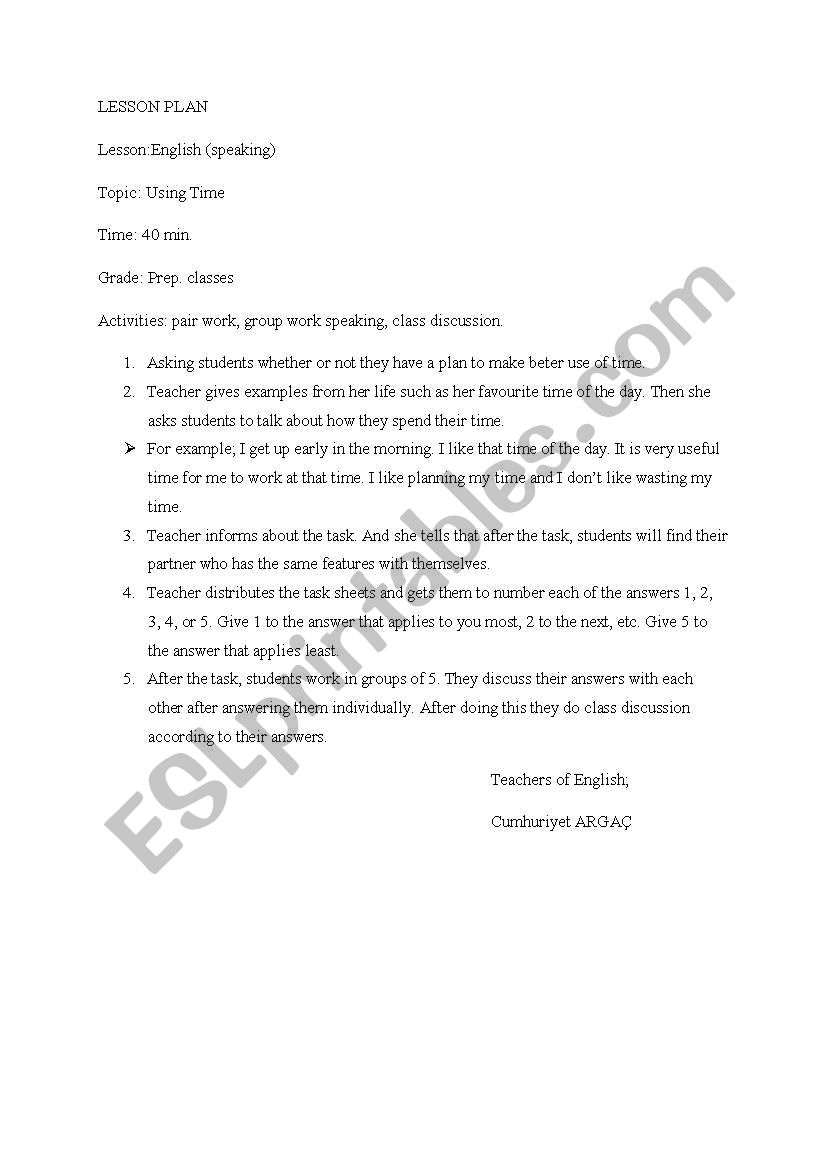 Lesson Plan (Speaking) worksheet