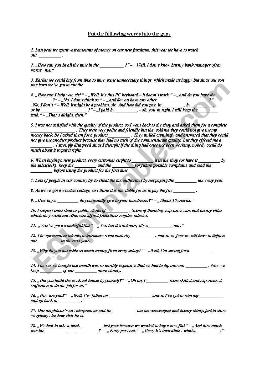 Money idioms worksheet