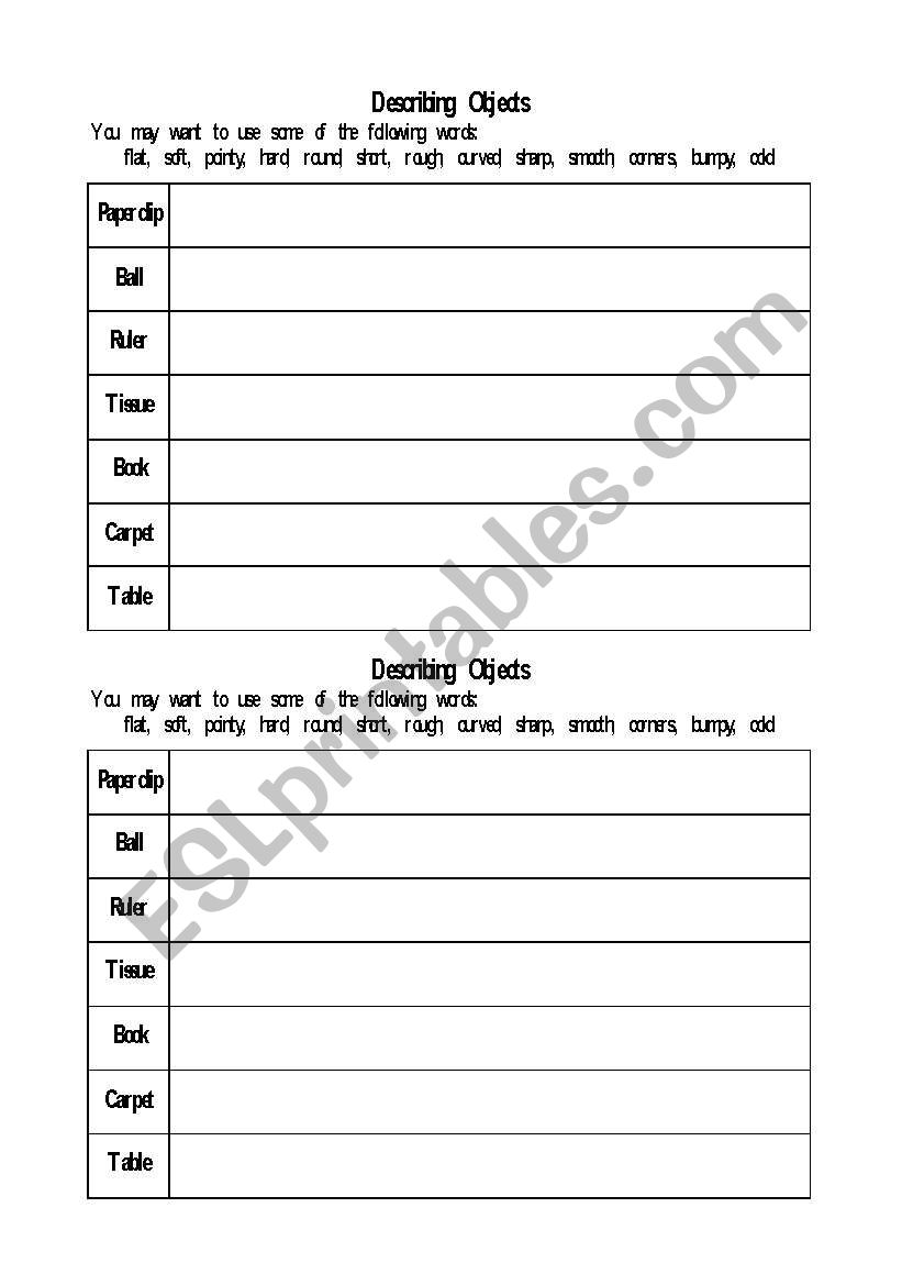 Describing Objects worksheet