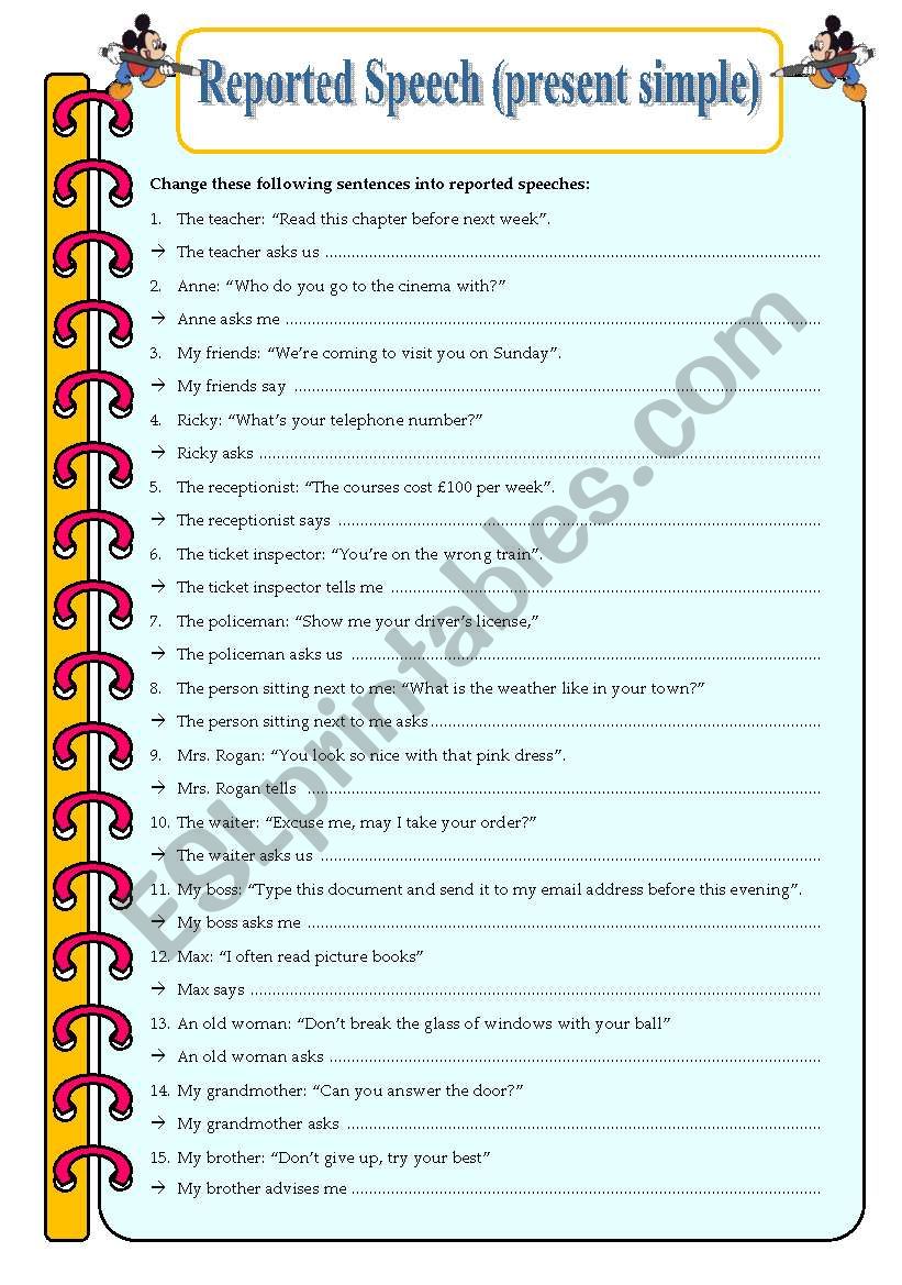 reported speech present simple worksheet