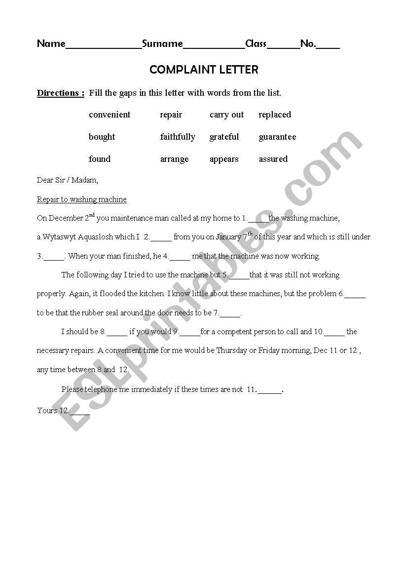 Complaint letter worksheet
