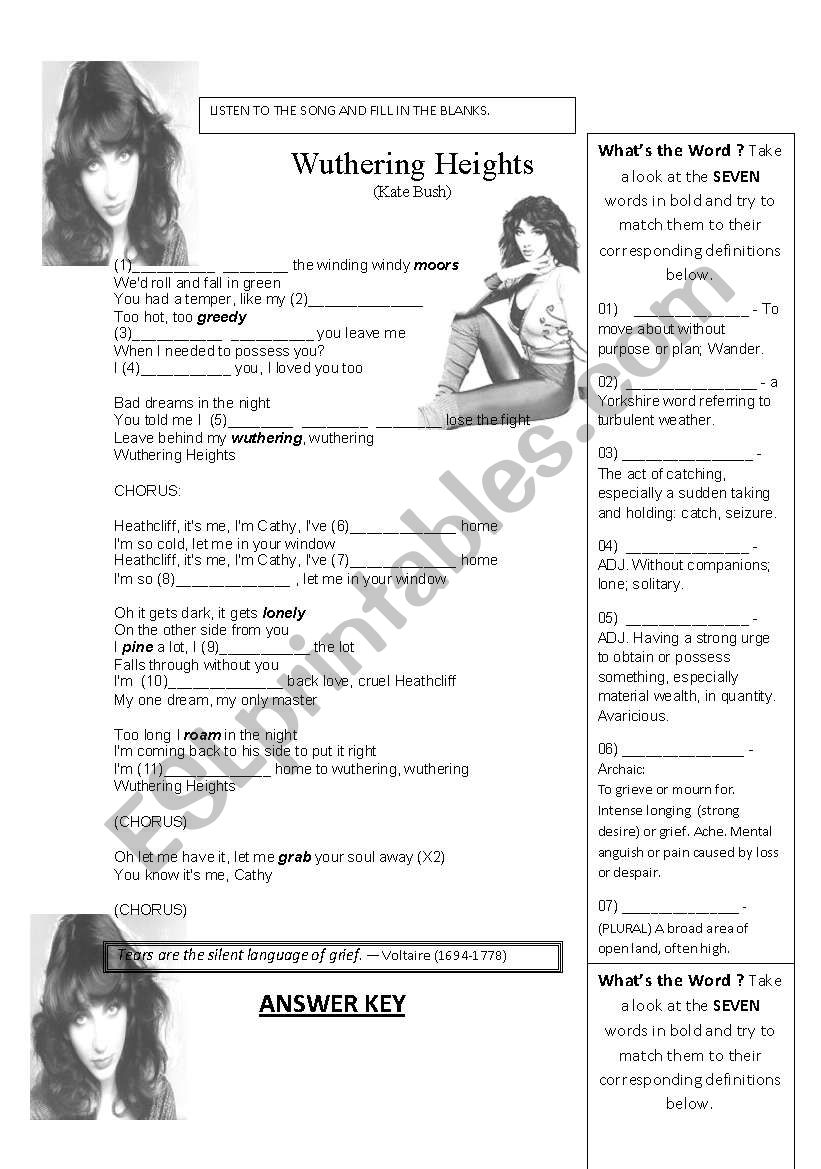 WUTHERING HEIGHTS BY KATE BUSH WITH ANSWER KEY ESL worksheet by falfoster