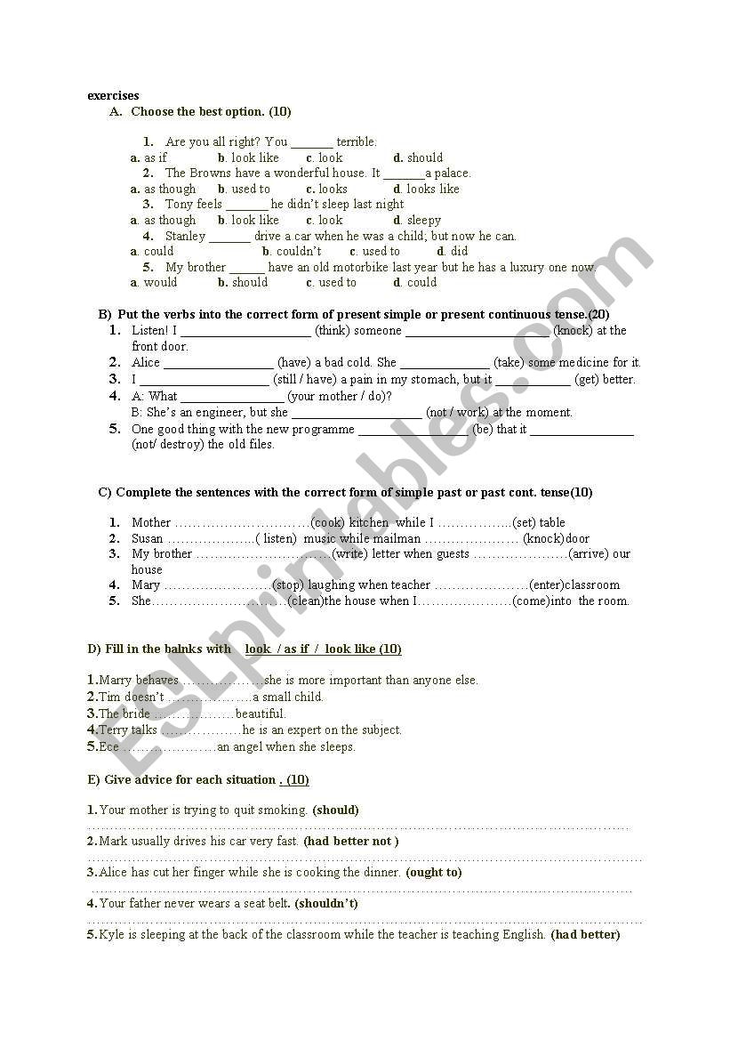 Exercise+exam worksheet