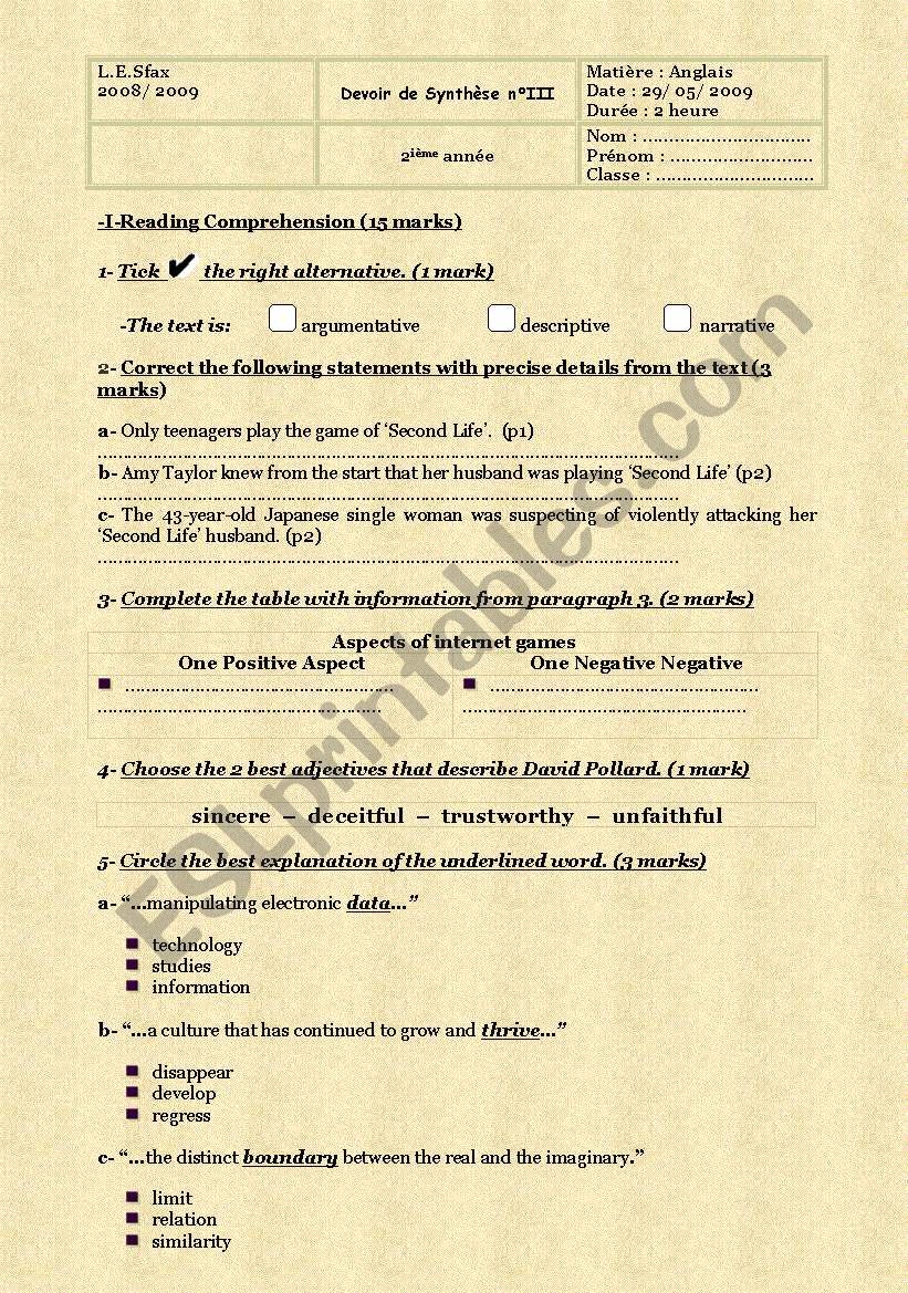 End-of-term Test nÂ°3 (2nd form) Reading Comprehension+ Language