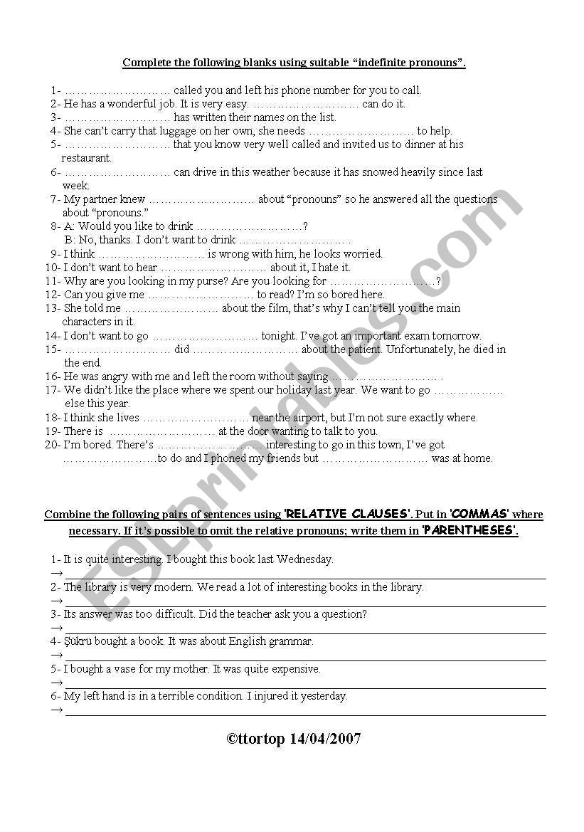 INDEFINITE PRONOUNS worksheet