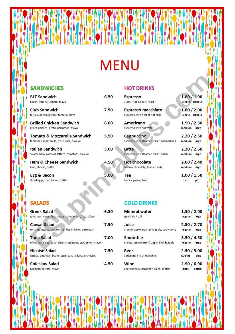 CAFE MENU worksheet