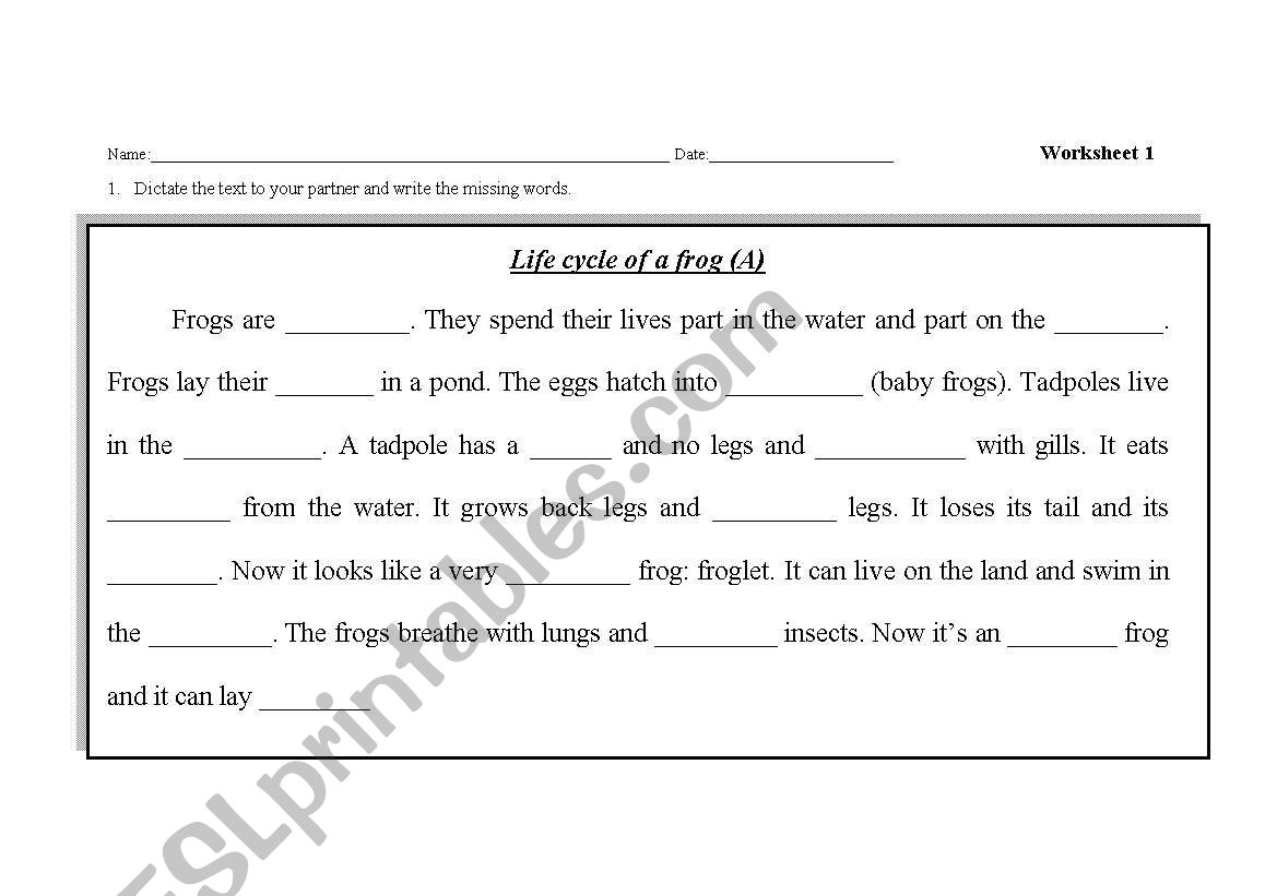 Life cycle of a frog worksheet