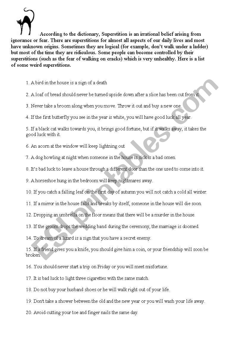 superstitions worksheet