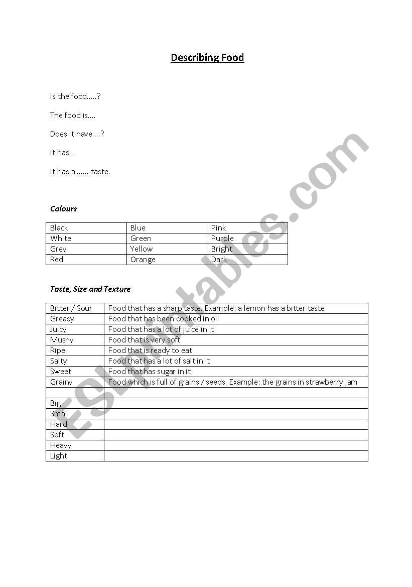 Describing Food worksheet