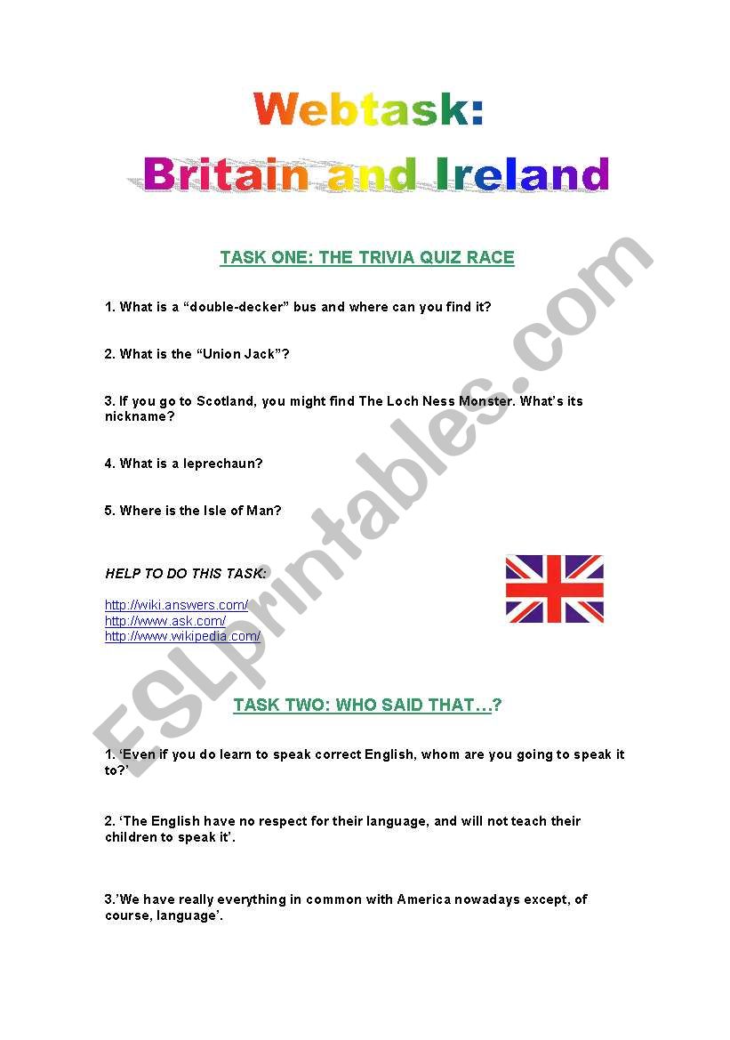 Webtask: Britain and Ireland worksheet