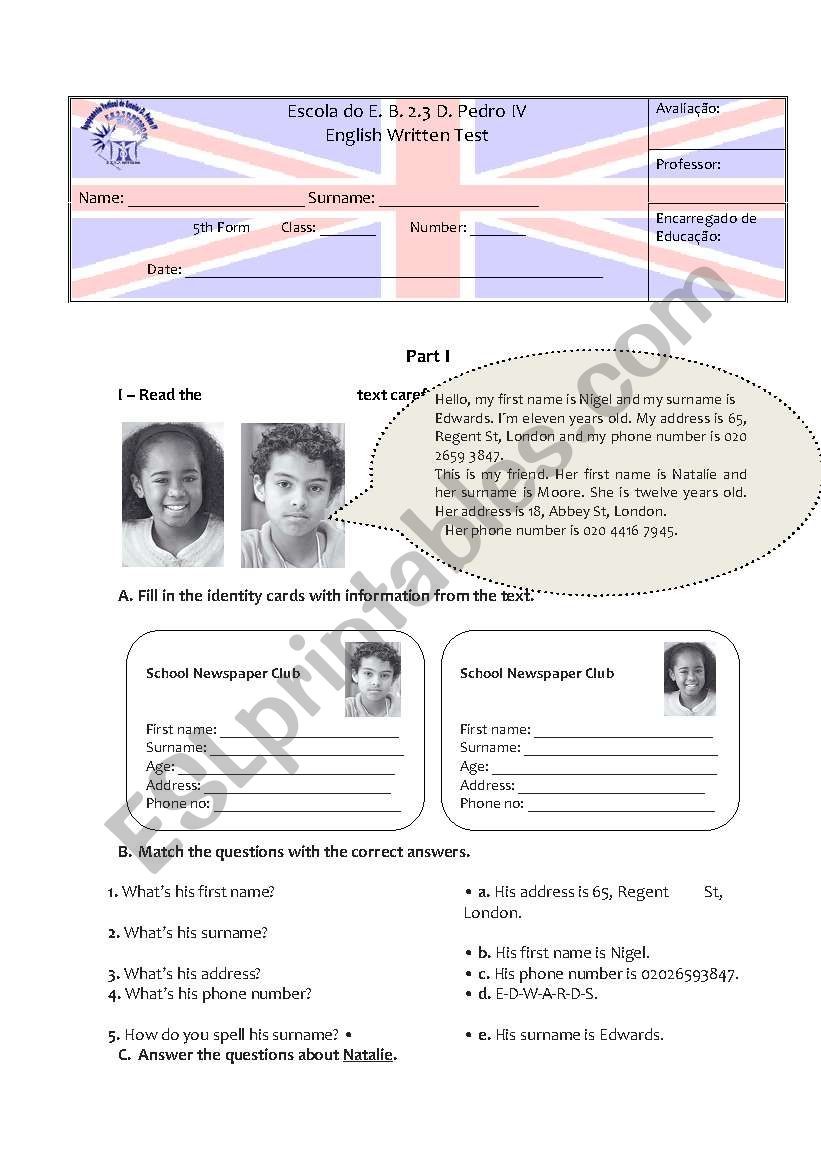 Test 5th Personal Information, Be, Personal pronouns and possessive adjectives