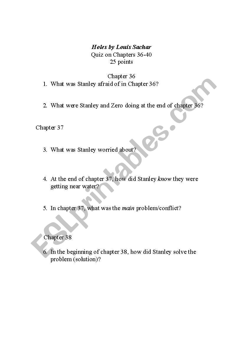 Quiz on Holes by Louis Sachar worksheet