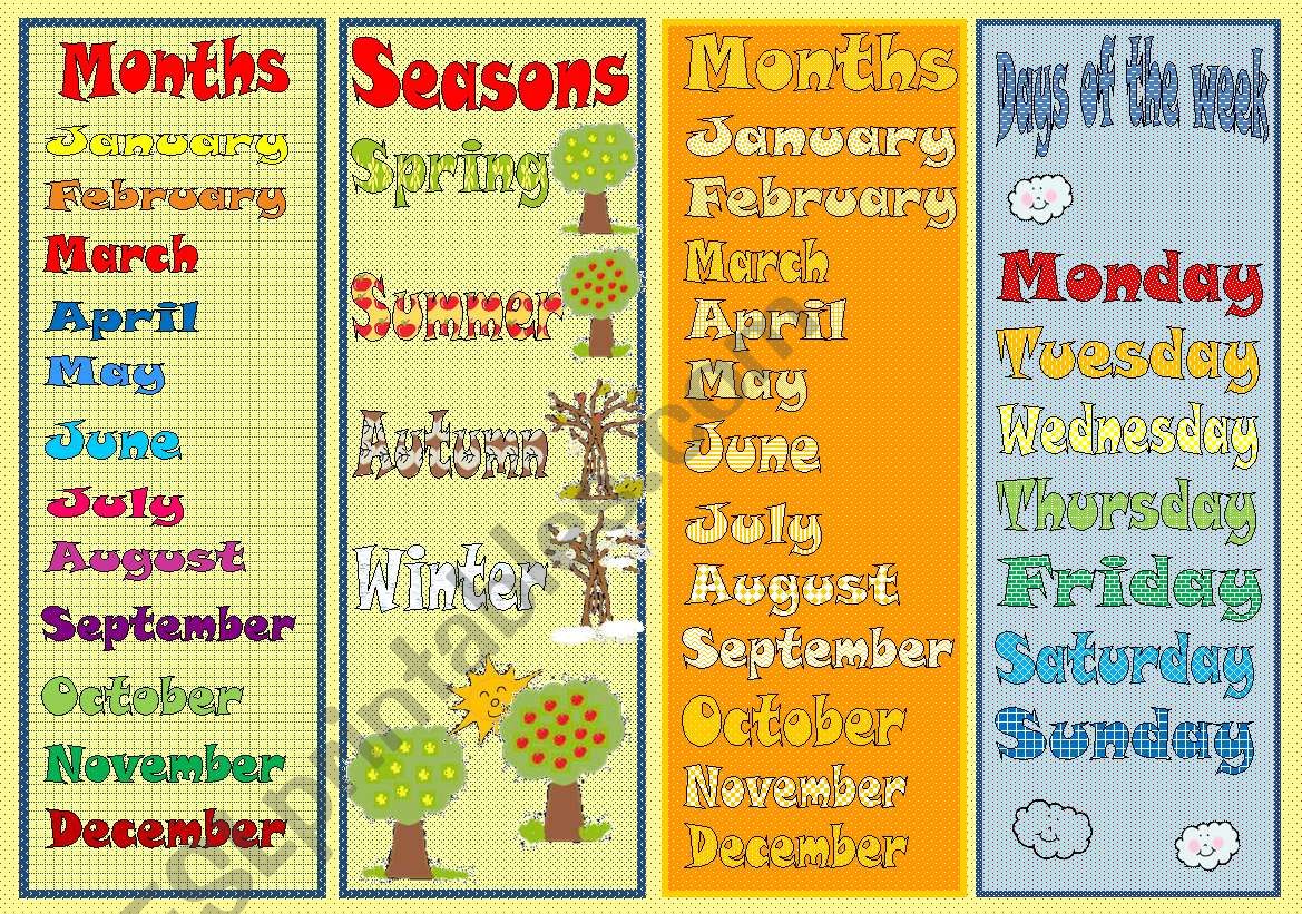 Bookmarks (days of the week, months, seasons) + exercises