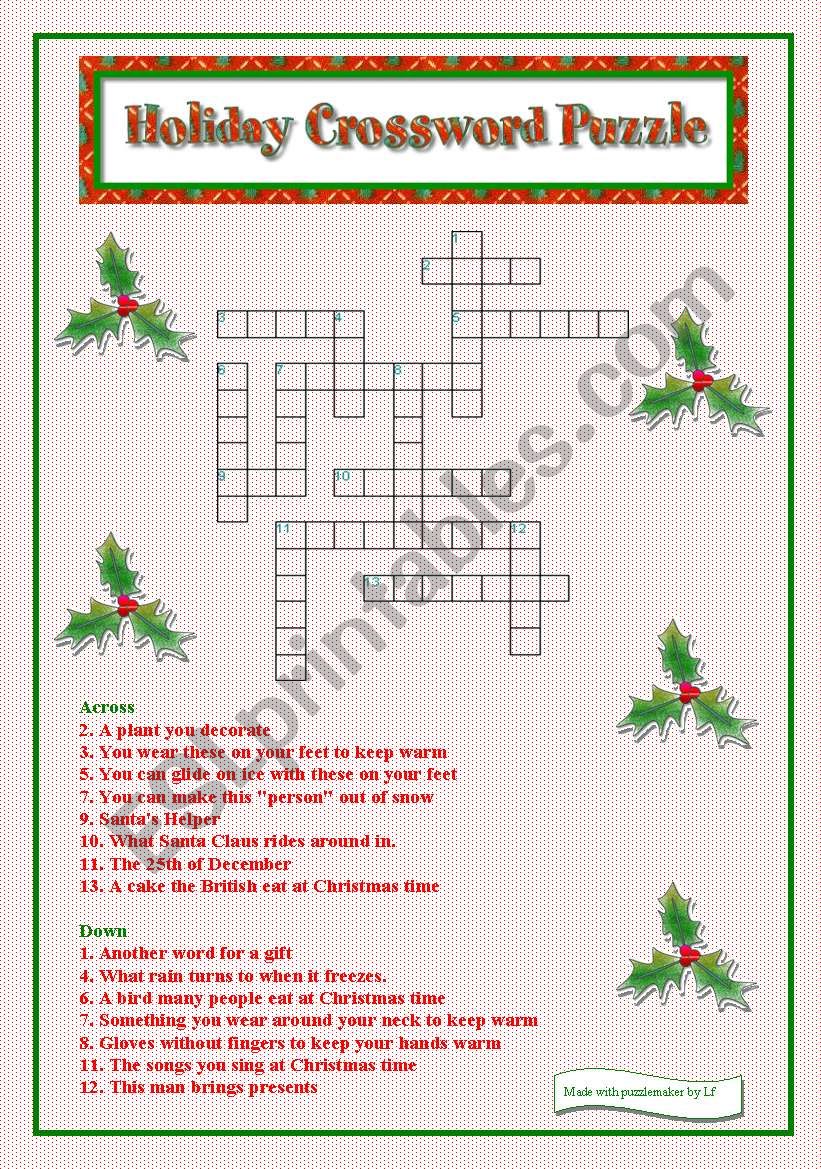 Holiday Crossword Puzzle Esl Worksheet By Libertybelle