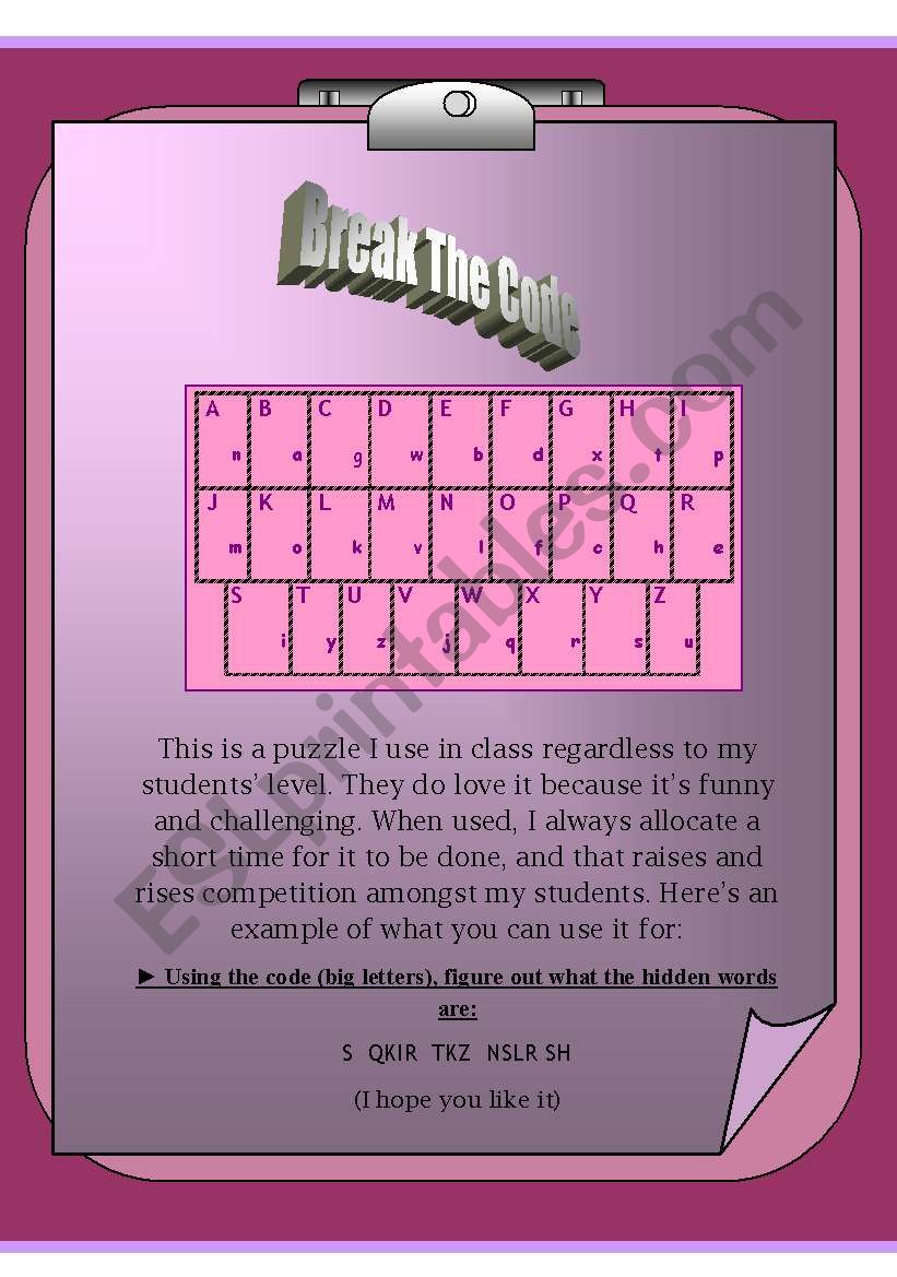 Break the code word puzzle worksheet