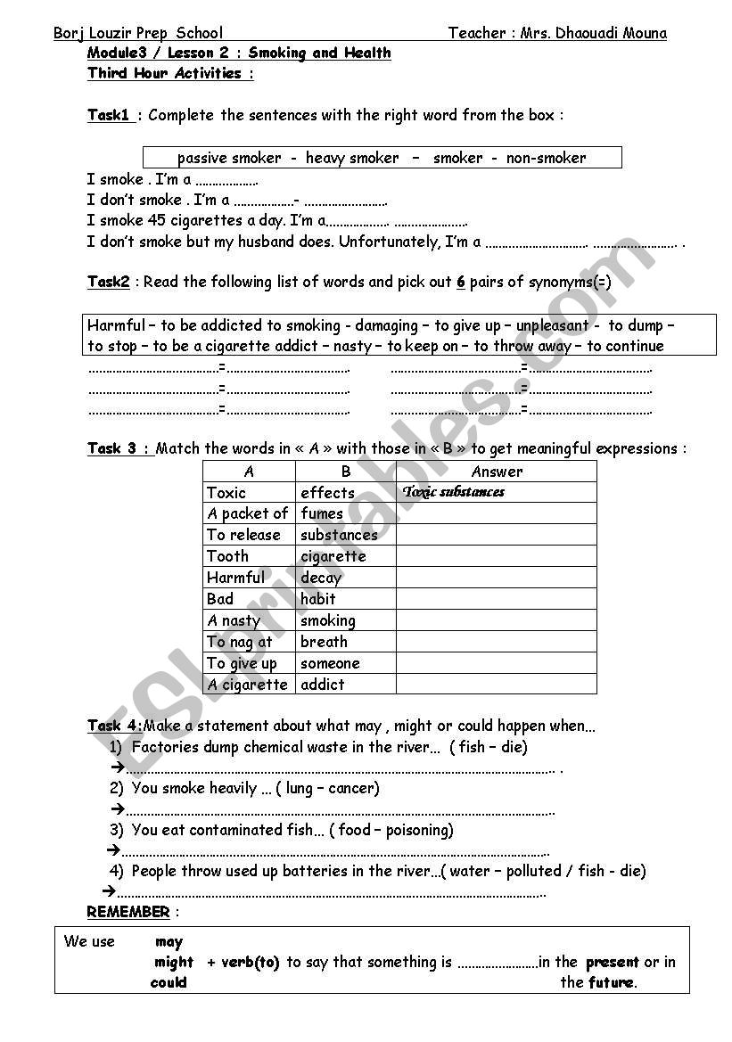 Smoking and Health worksheet