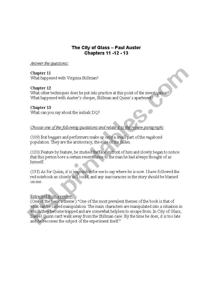 The city of glass worksheet