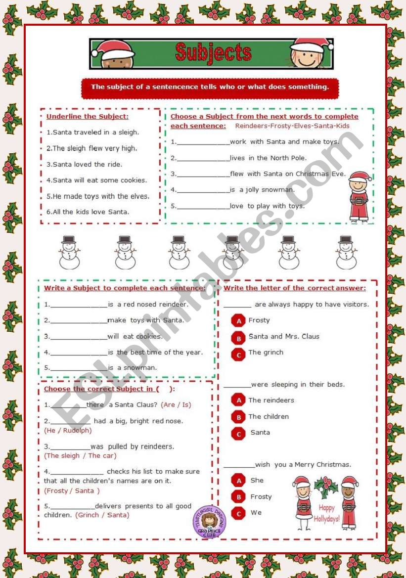Christmas Subjects worksheet