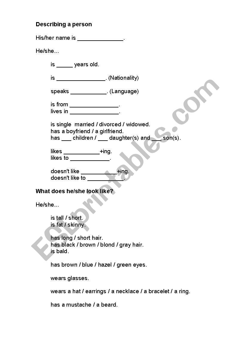 Describing a person worksheet