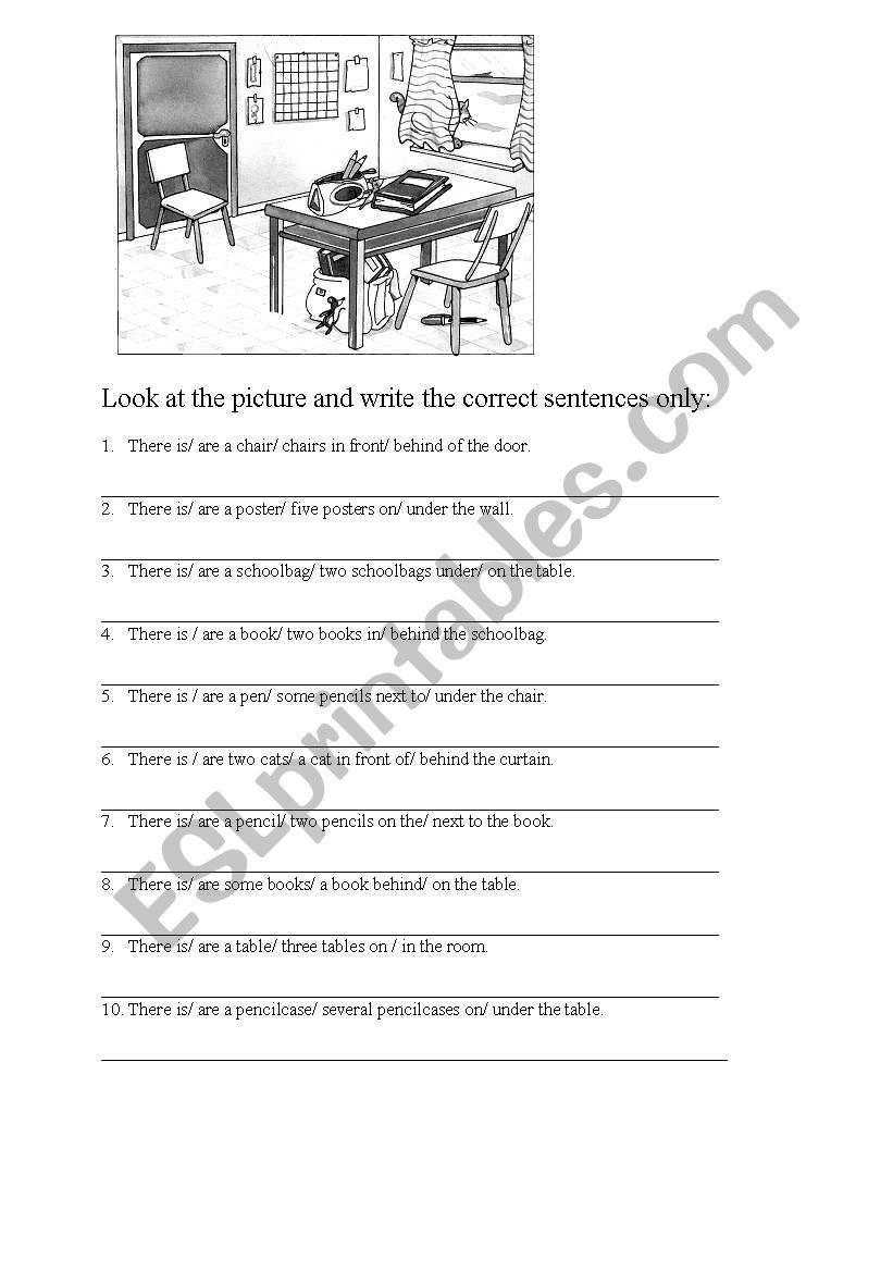 a worksheet to practice prepositions, plural nouns and existential there at the same time