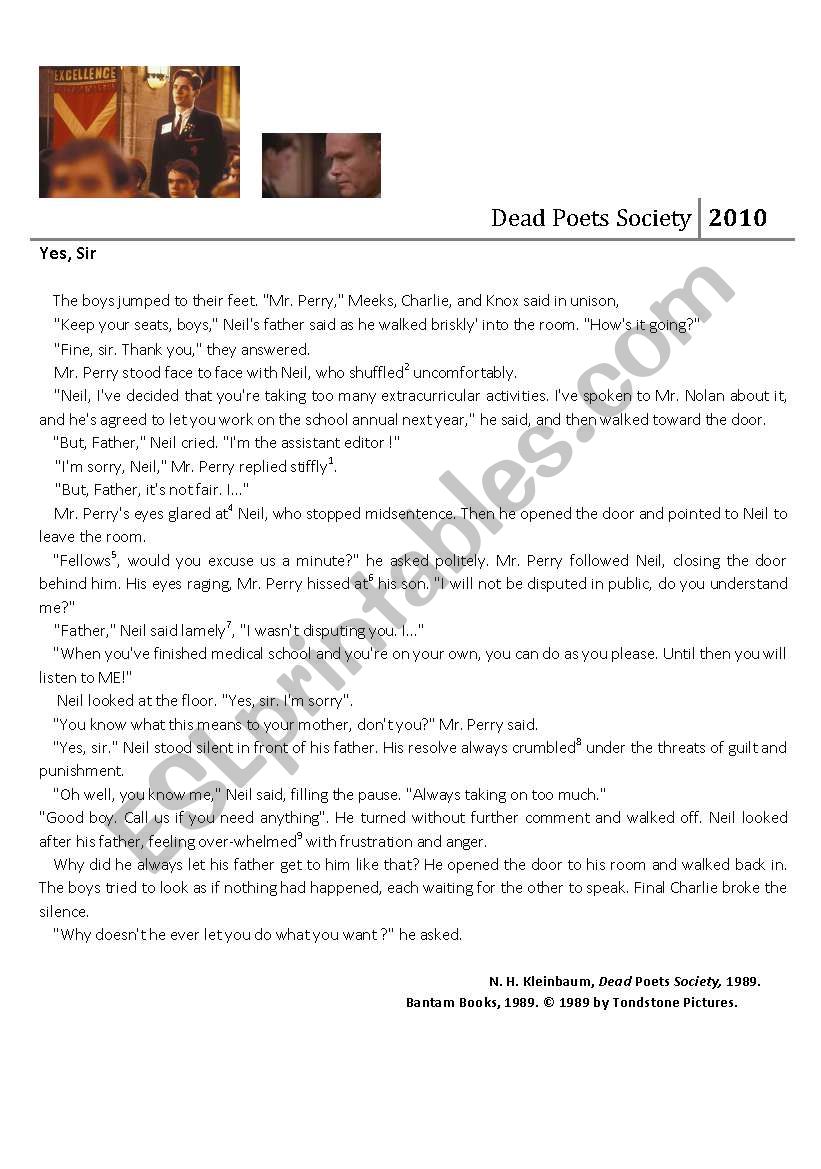 dead poets society comprehension sheet