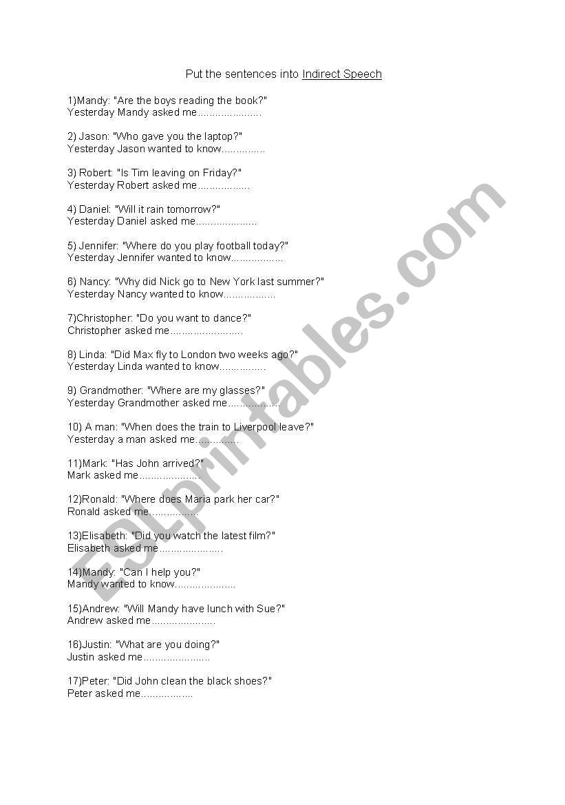 reported speech questions worksheet