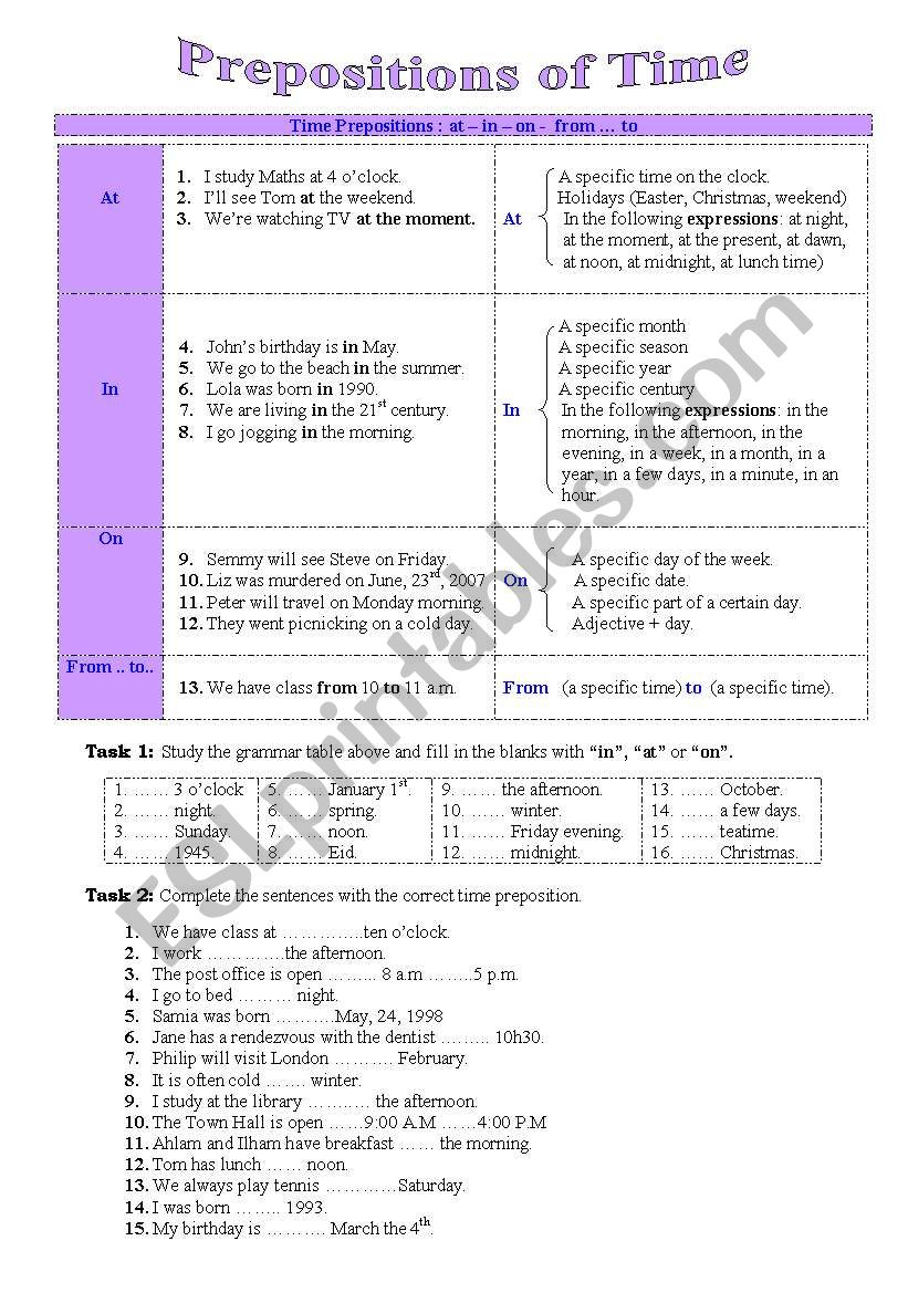 Prepostions of Time worksheet