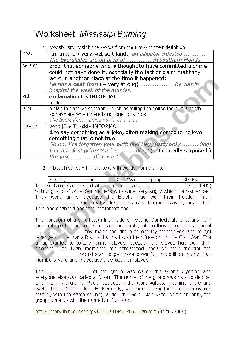 Mississipi Burning worksheet