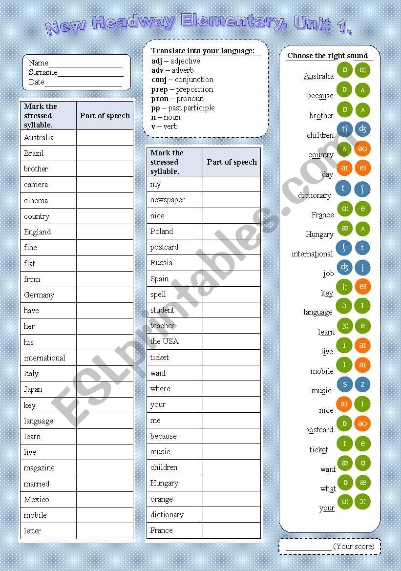 New Headway - Elementary - Unit 1 - Vocabulary & Phonetics