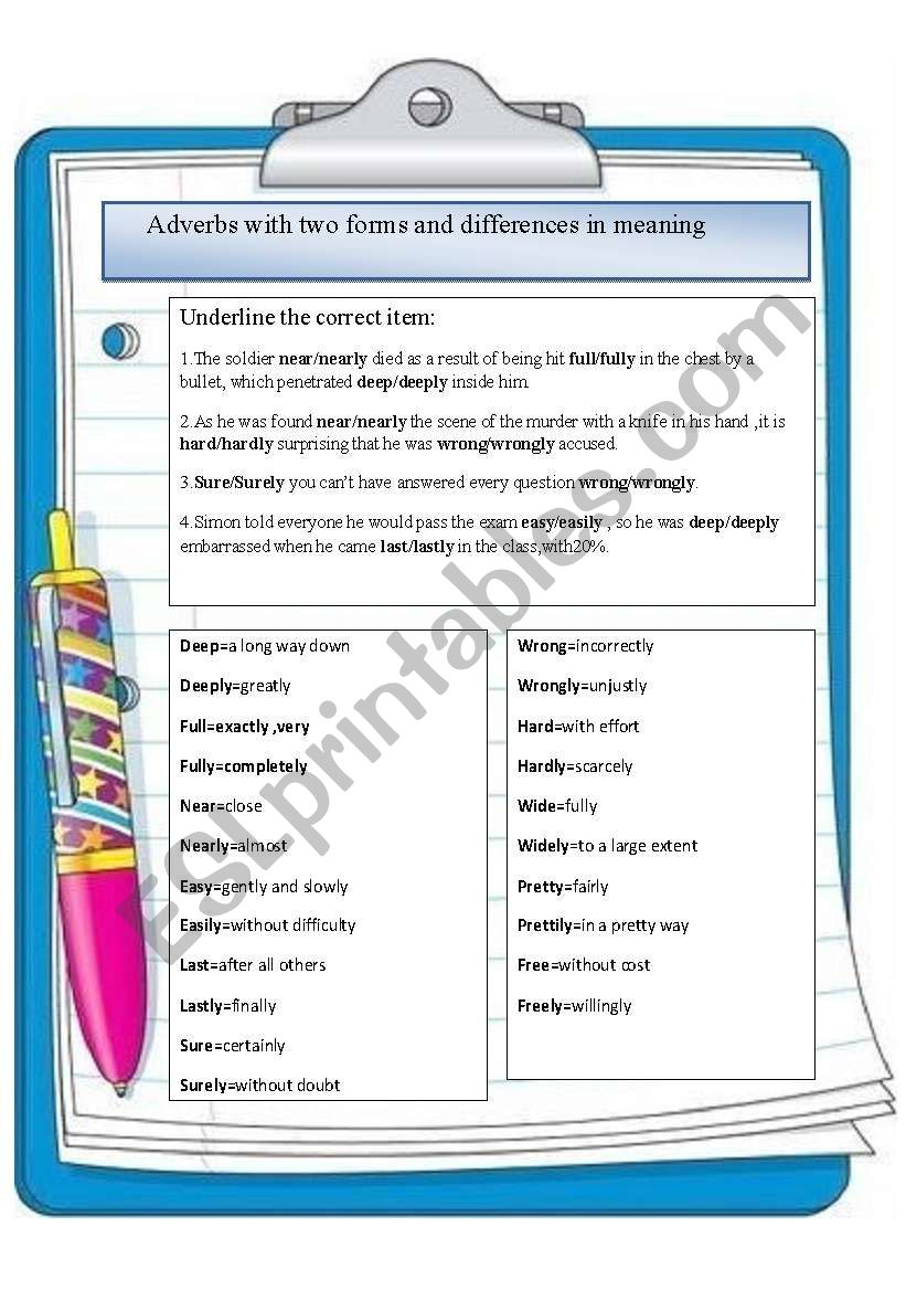 adverbs with two forms worksheet