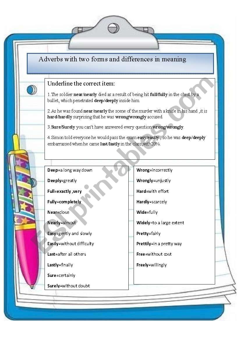 adverbs with two forms worksheet
