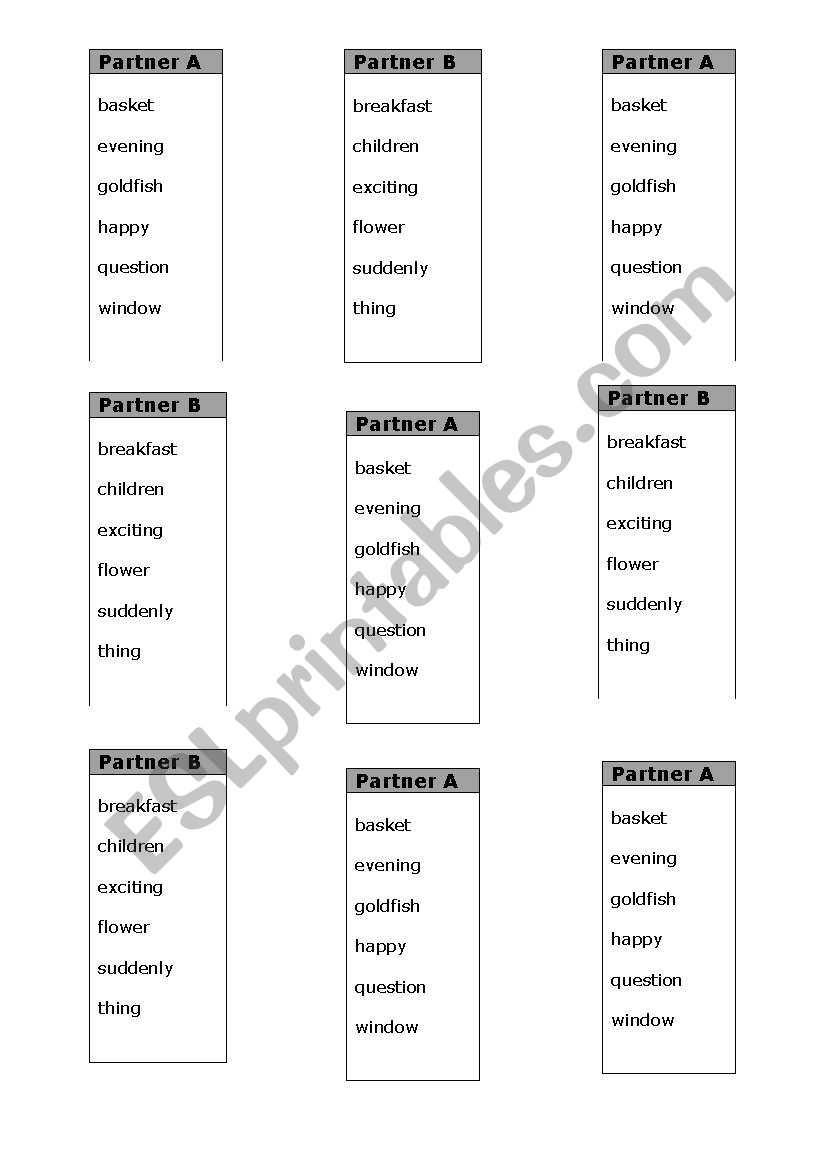 Partner spelling game worksheet
