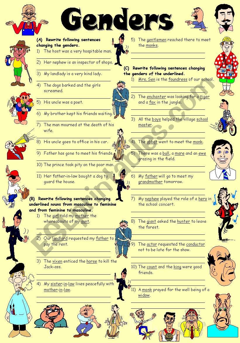 exercises-on-genders-editable-with-key-esl-worksheet-by-vikral