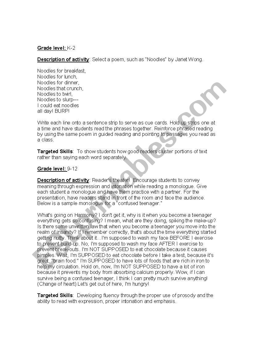 Fun Fluency Reading Exercies worksheet