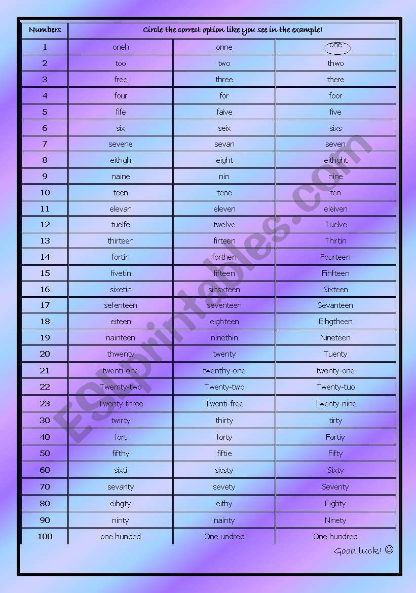 numbers worksheet